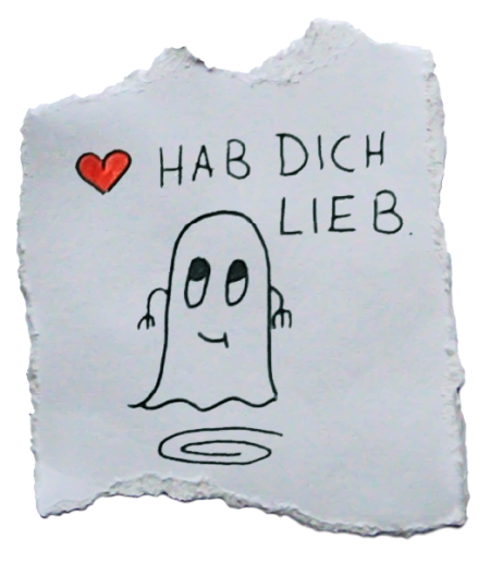 Zeichnung: Ein Geist und ein Herz, es steht geschrieben: Hab dich lieb