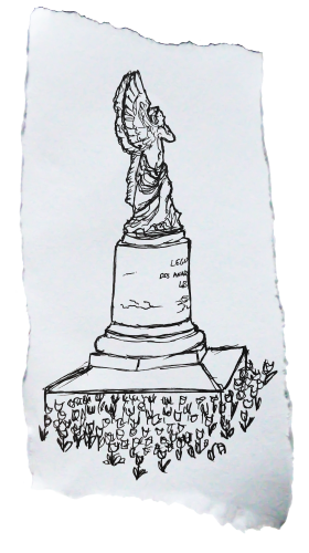 Skizze einer Statuen-Säule in Paris. Die Säule hat Engelsflügel, auf dem Boden wird sie von Blumen umringt