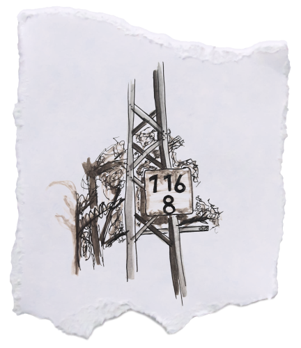 Impressionistische Markerskizze eines Kilometeranzeigers an einer Bahntrasse