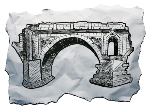 Markerskizze einer halb eingefallenen Brücke in Rom