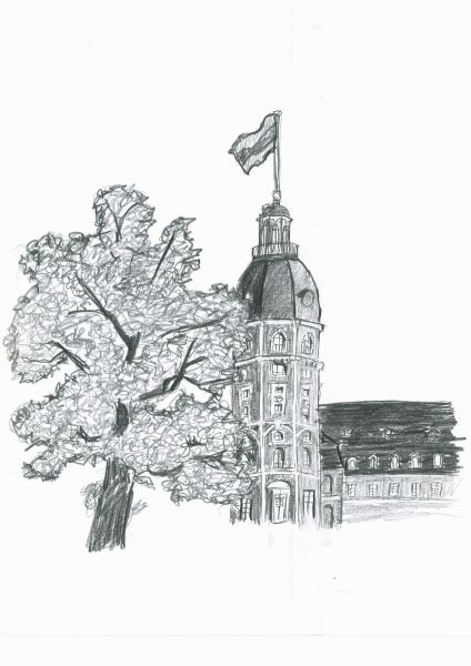 Graphitstift-Zeichnung des karlsruher Schloss mit einem Baum links daneben