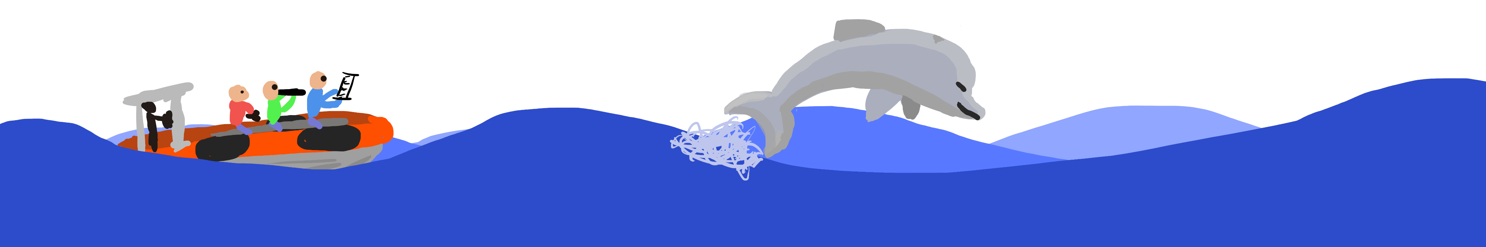 Zeichnung: Ein Boot mit forschenden neben einem Delfin