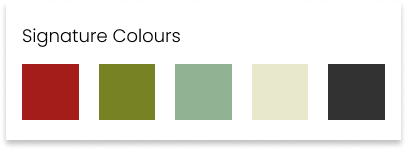 Kachel mit den Farben von Holundra: Rot, grün, grünliches Türkis, Creme, Anthrazit